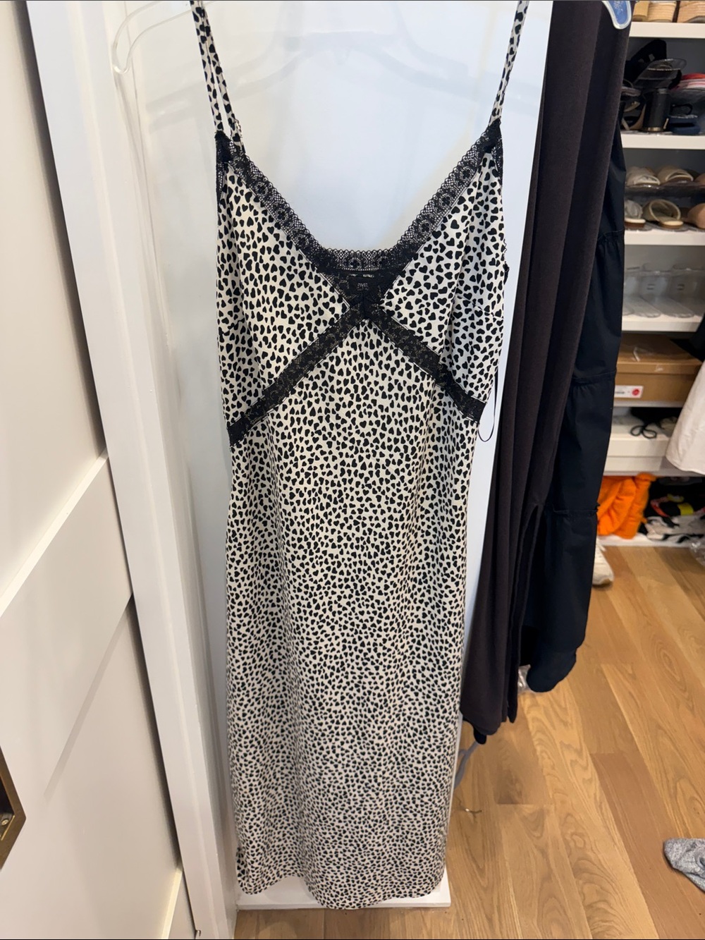 River Island Black & White Spotted Lace-Trim Midi Slip Dress
